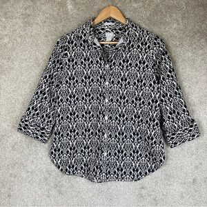 Chico's Shirt Womens 0 Black White Cotton Blend 3/4 Sleeve Button Front- 4197
